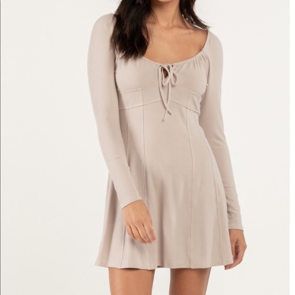 West of Melrose  Beige, Cream Cottagecore Tie Front Fall Layering Mini Dress